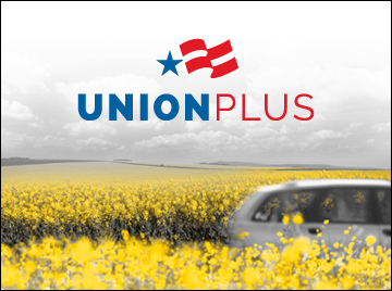 Union Plus logo on top of a background image of a yellow field with a minivan driving by. 