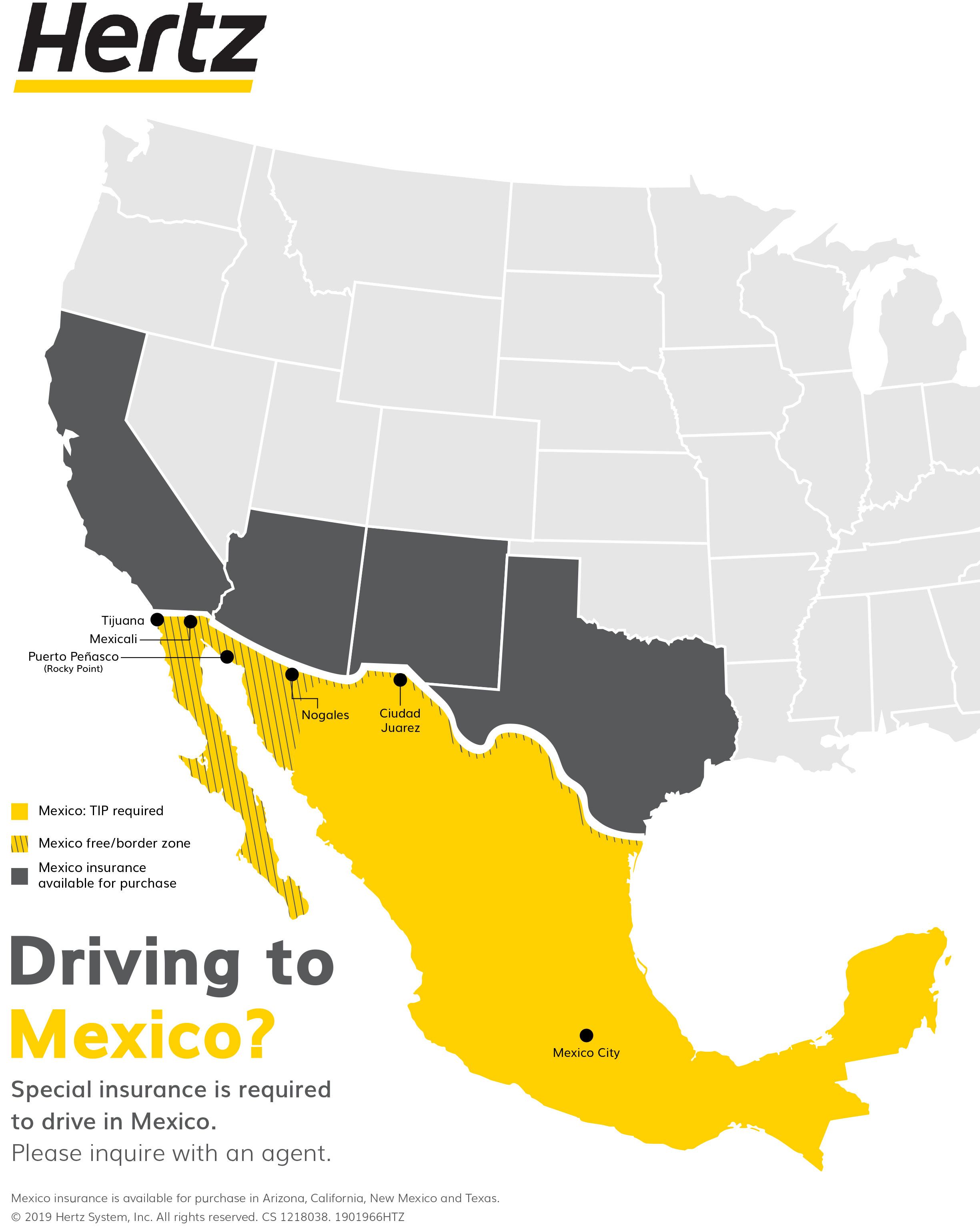 A yellow colored map of Mexico that highlights popular city destinations on the boarder of the United States.