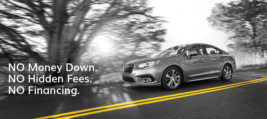 A gray Hertz rental car drives on a paved road between a double yellow line and rows of trees.