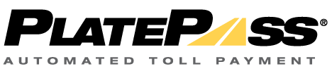 PlatePass® automated toll payment logo with black front lettering and a yellow design.